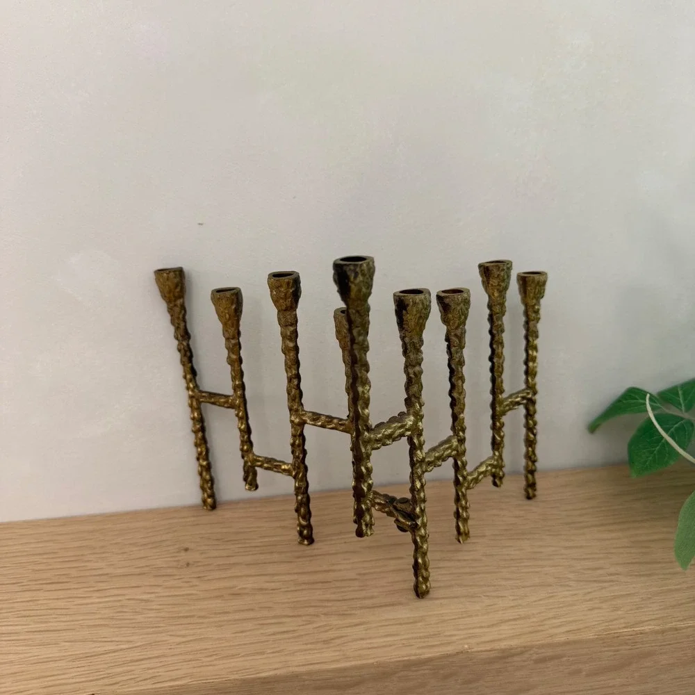 Vintage Brutalist Gold Metal Folding Menorah Candelabra Mid Century Modern 9 Arm